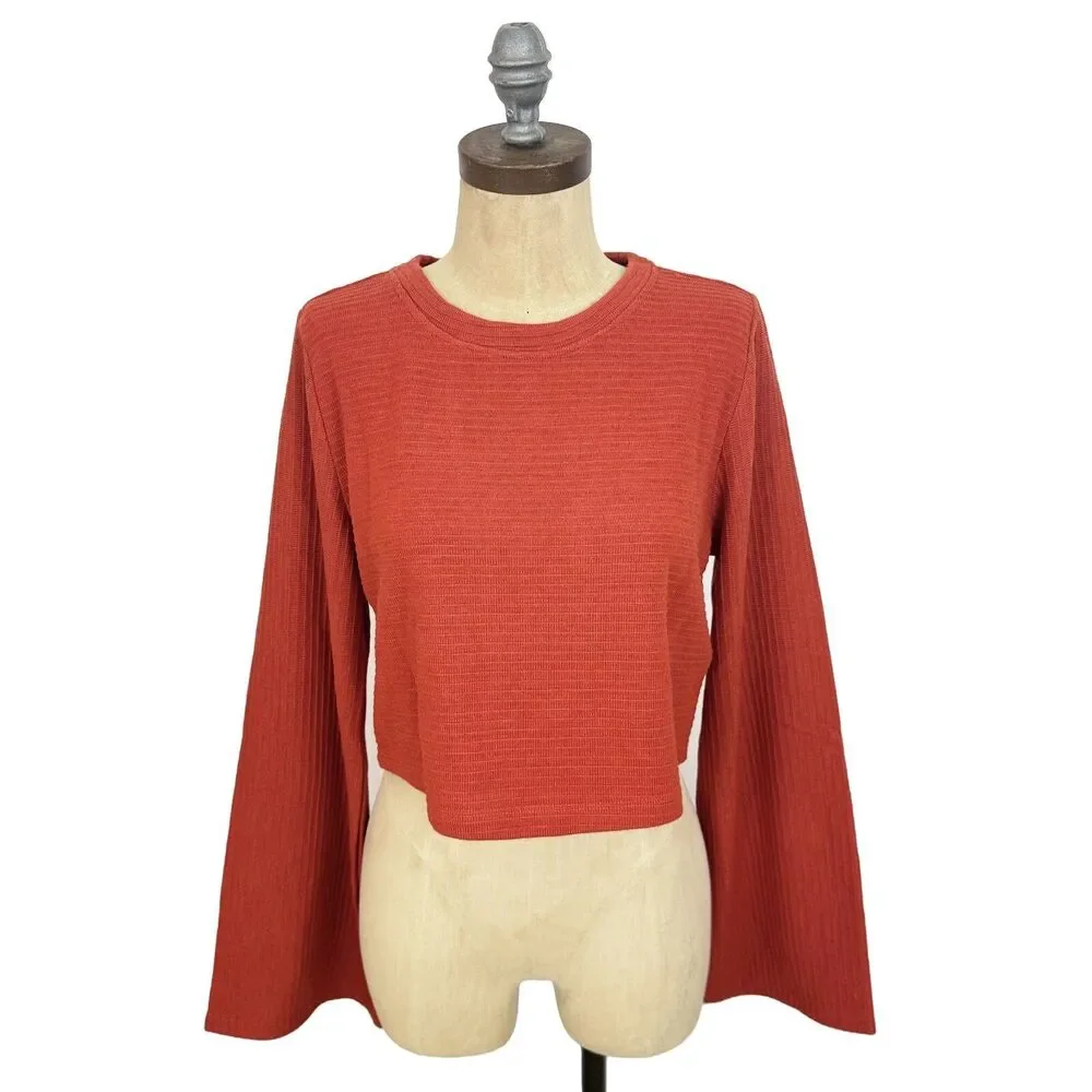 BAND OF THE FREE Alize Long Sleeve Crop Top M Bell Sleeve Rust Orange NWT B42